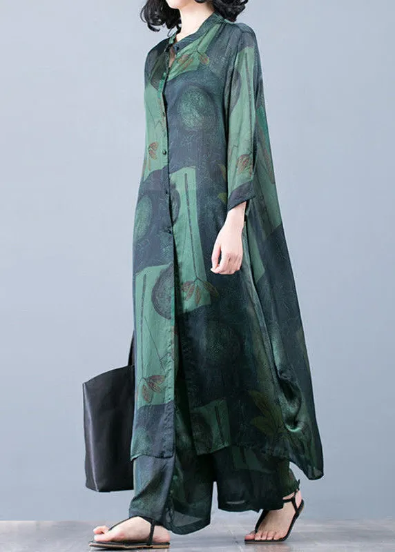 2022 thin green print chiffon wide-leg pants two-piece suit