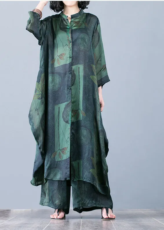 2022 thin green print chiffon wide-leg pants two-piece suit