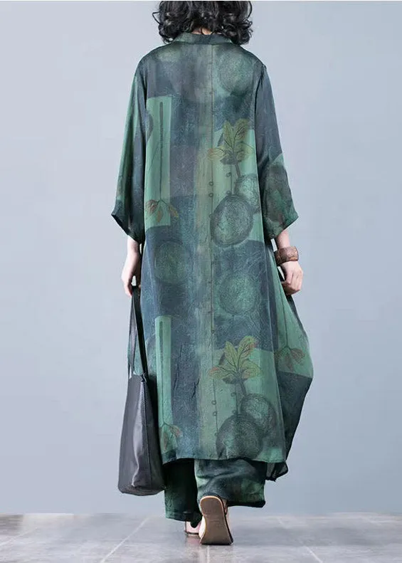 2022 thin green print chiffon wide-leg pants two-piece suit