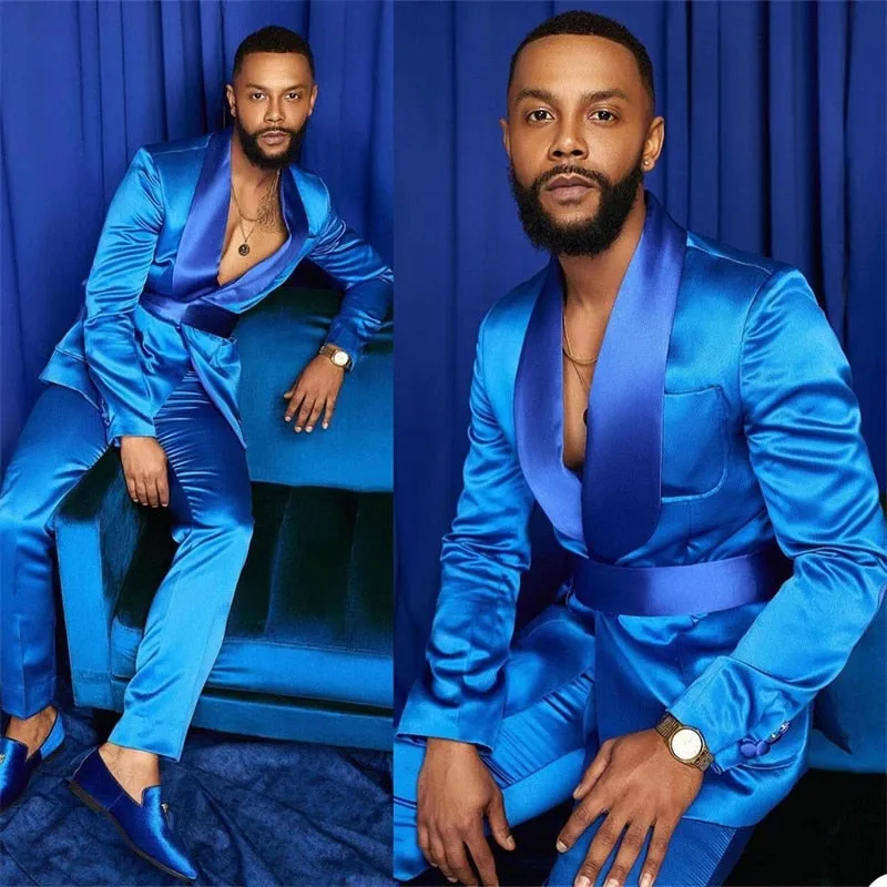 Aidase 2-Piece Men Suits Silk Satin Wedding Tuxedos Summer Party Wear Fit Fashion Blue Business For Best Man Peaked Lapel Blazer Suit