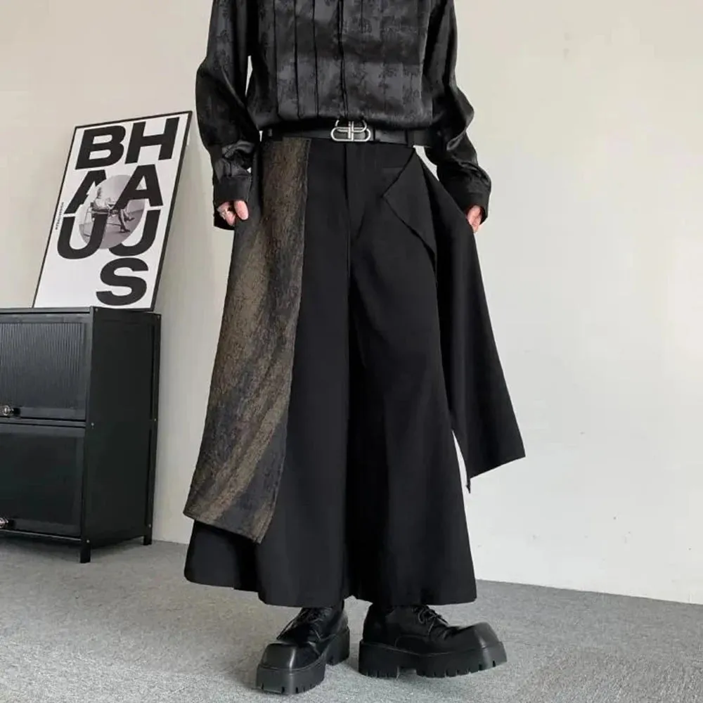 Aidase Mens Dark Knight Style Japanese Genderless Spliced Culottes Essential For Couples Irregular Casual Temperament Wide-Leg Culottes