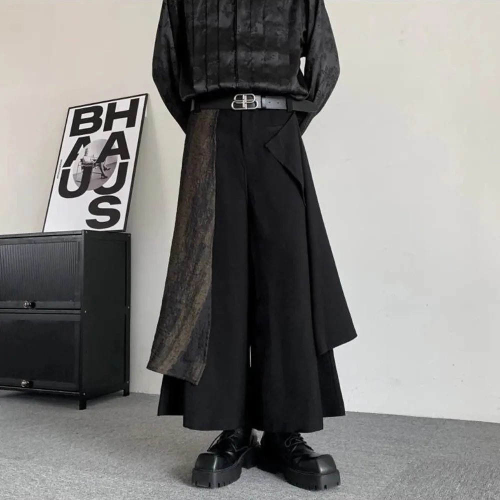 Aidase Mens Dark Knight Style Japanese Genderless Spliced Culottes Essential For Couples Irregular Casual Temperament Wide-Leg Culottes