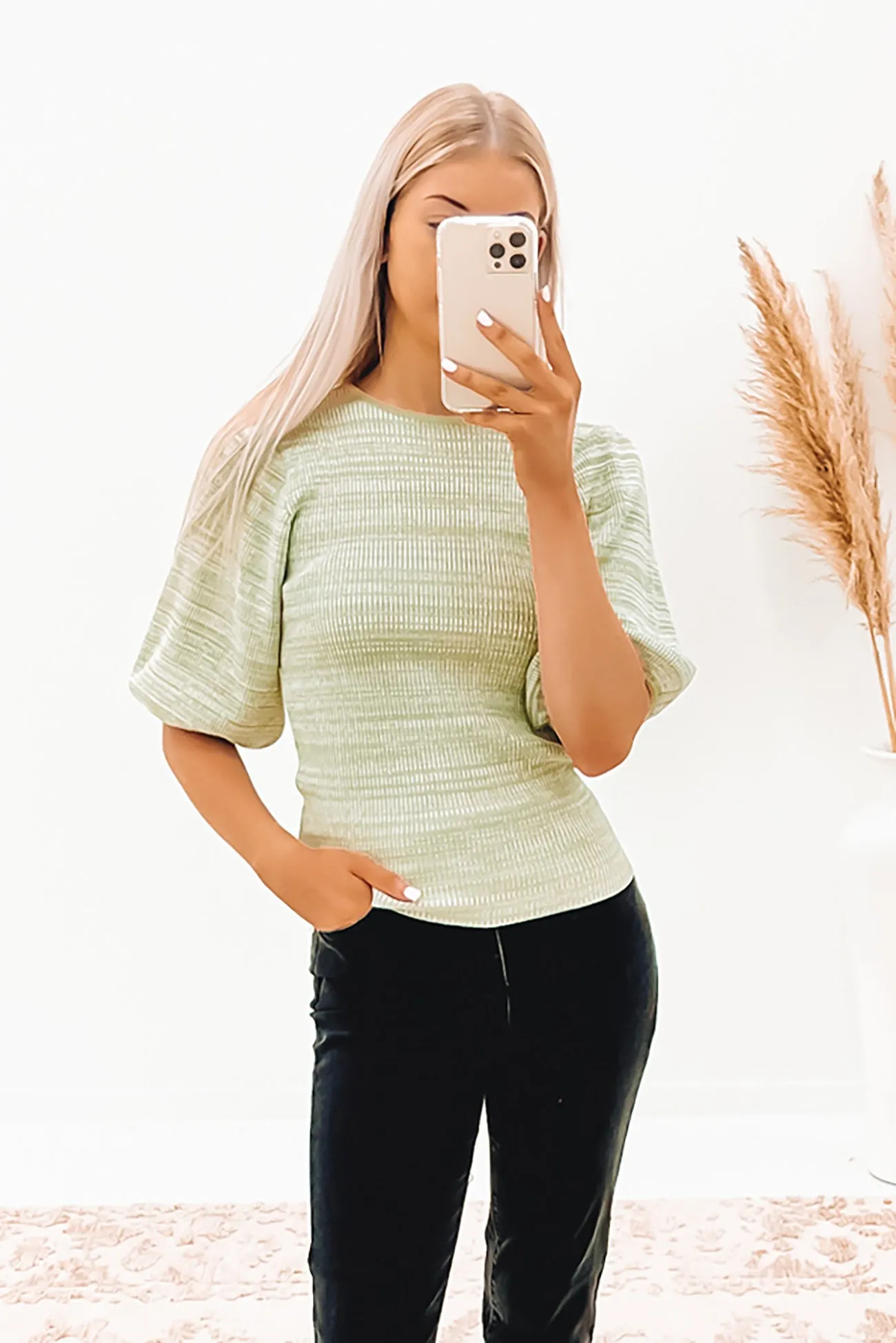 Ariana Ribbed Knit Top Green Marle