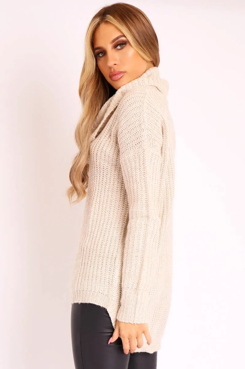 Beige Cowl Neck Longline Knitted Jumper - Cayden