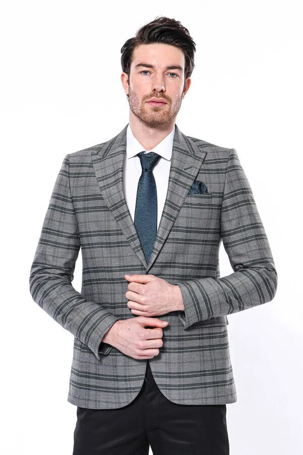 Checked Slim Fit Single Button Green Men Blazer - Wessi