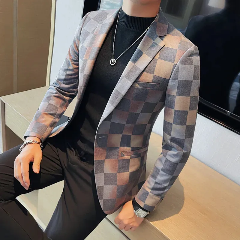 Checkered Pattern Single-Breasted Men's Blazer