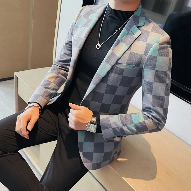 Checkered Pattern Single-Breasted Men's Blazer