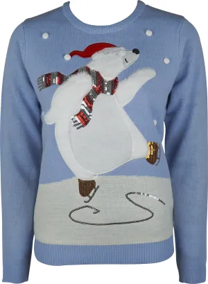 Christmas Skating Bear Womens Christmas Jumper - Blue