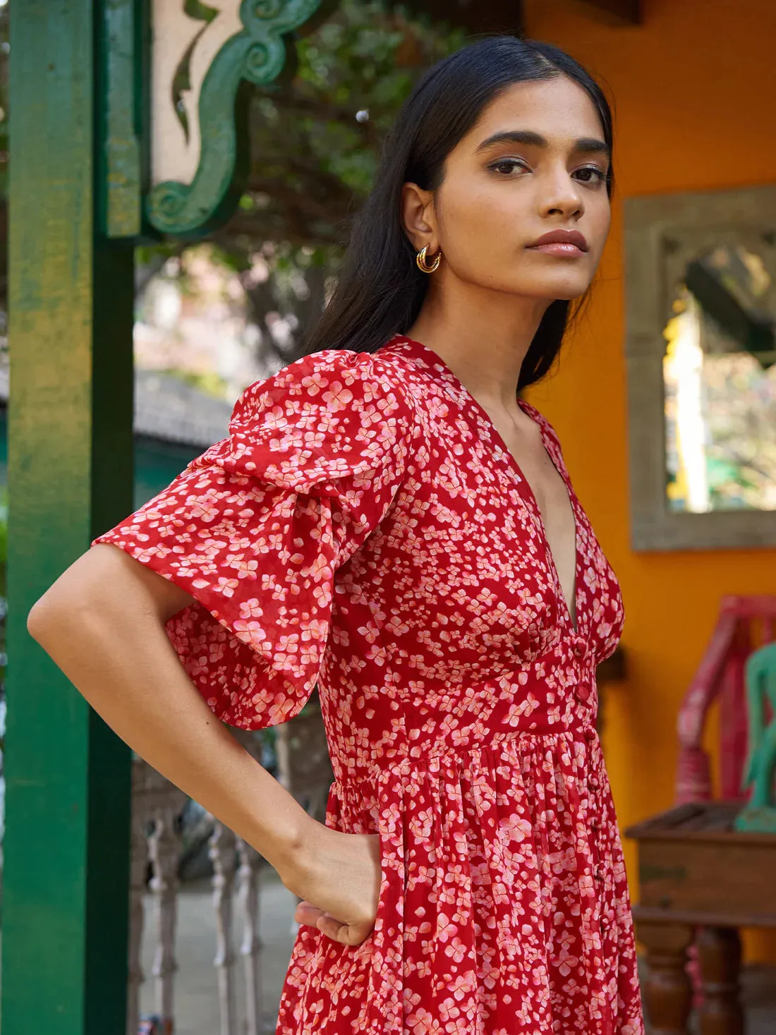 Classic V-neck Women's Red Printed dress