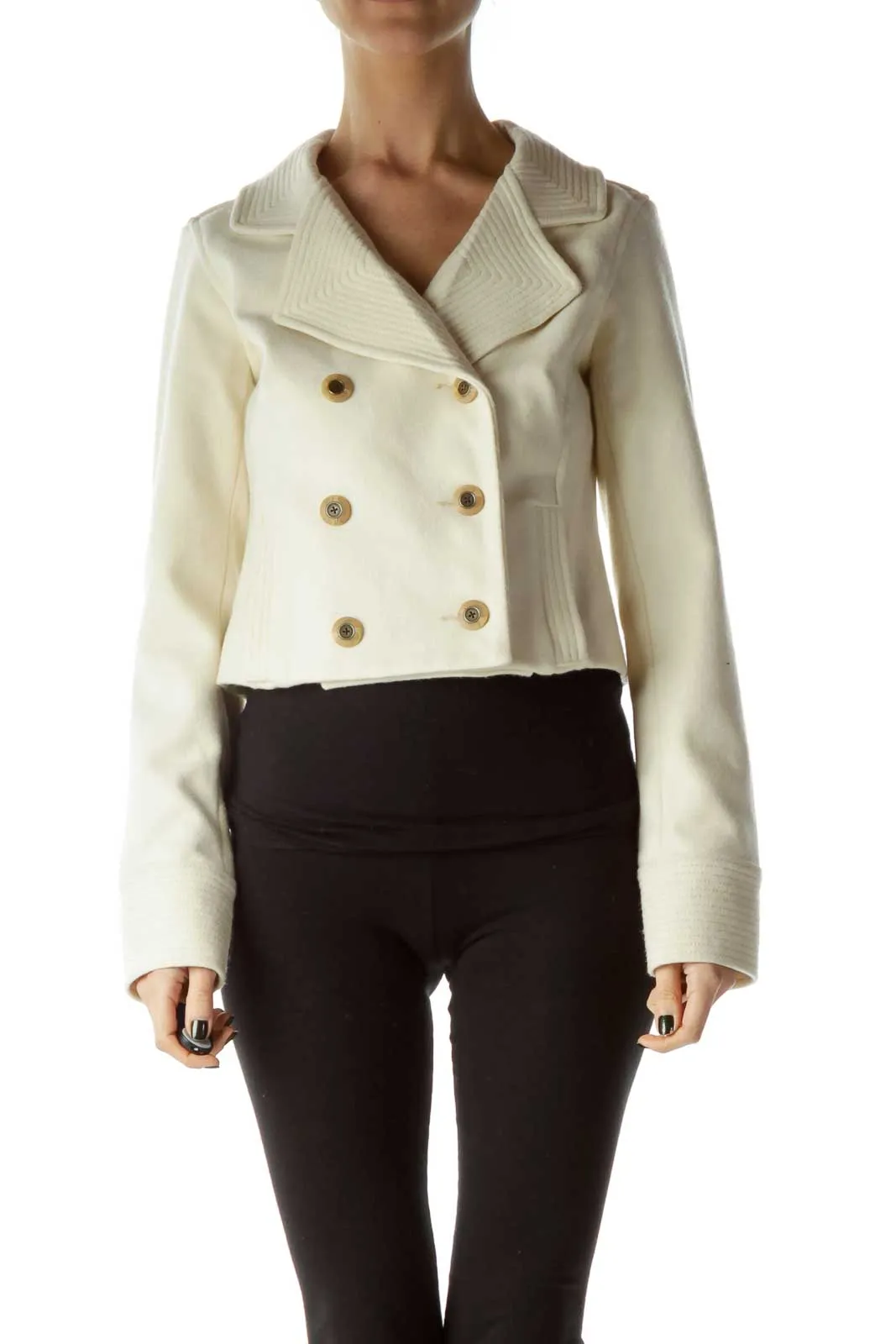 Cream Double-Breasted Cropped Peacoat