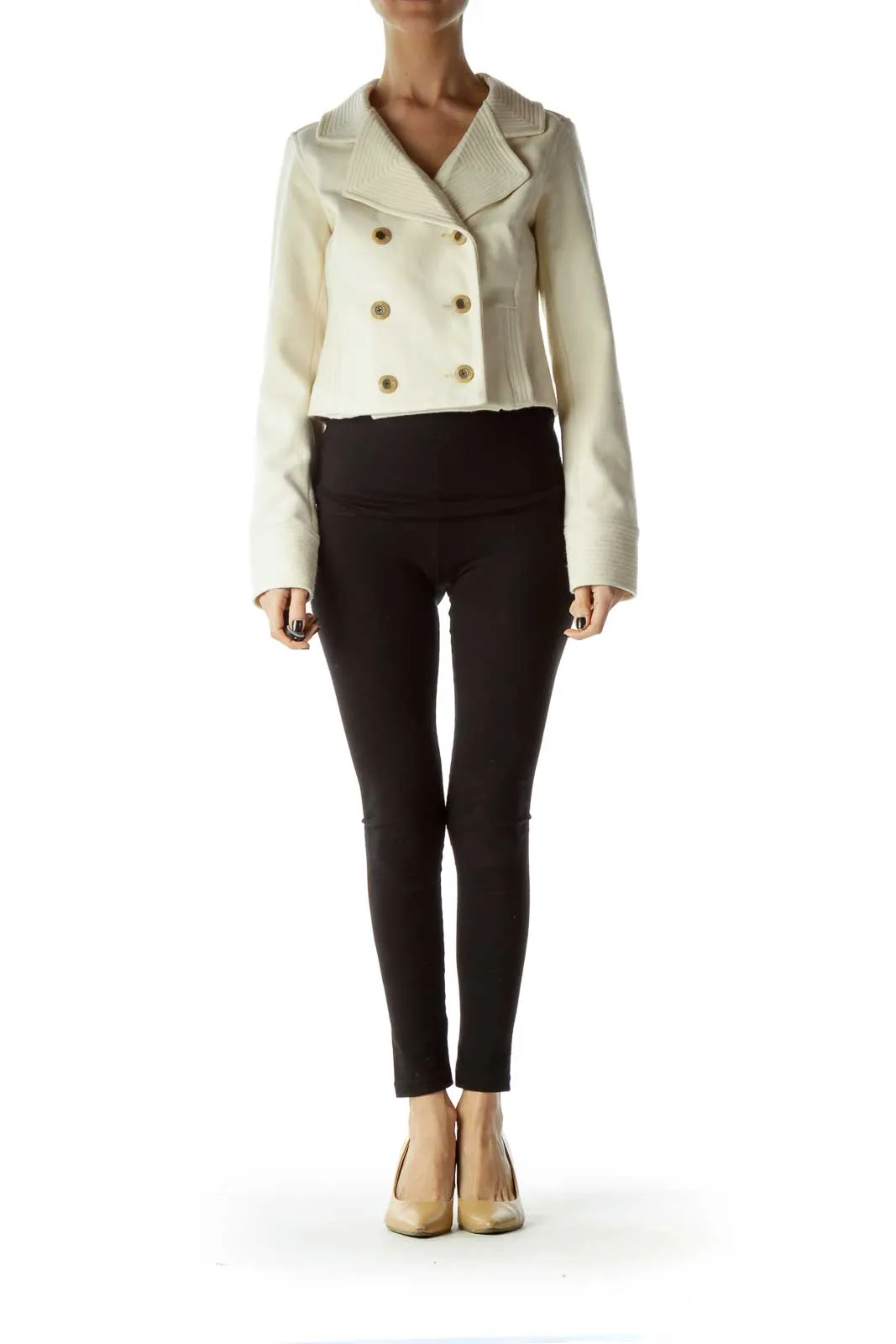 Cream Double-Breasted Cropped Peacoat