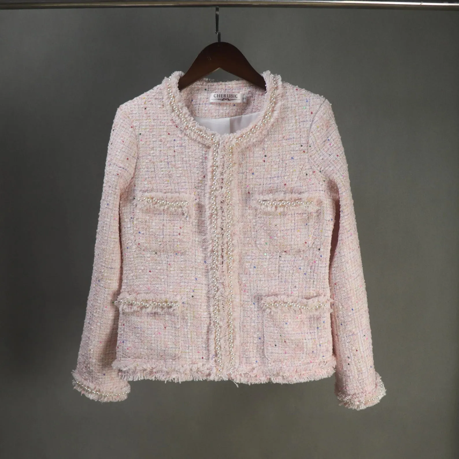 Custom Made or Tailor Made Light Pink Sequinned Tweed Blazer Coat