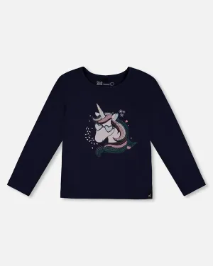 Deux Par Deux Jersey Long Sleeve T-Shirt - Peacoat Navy Unicorn