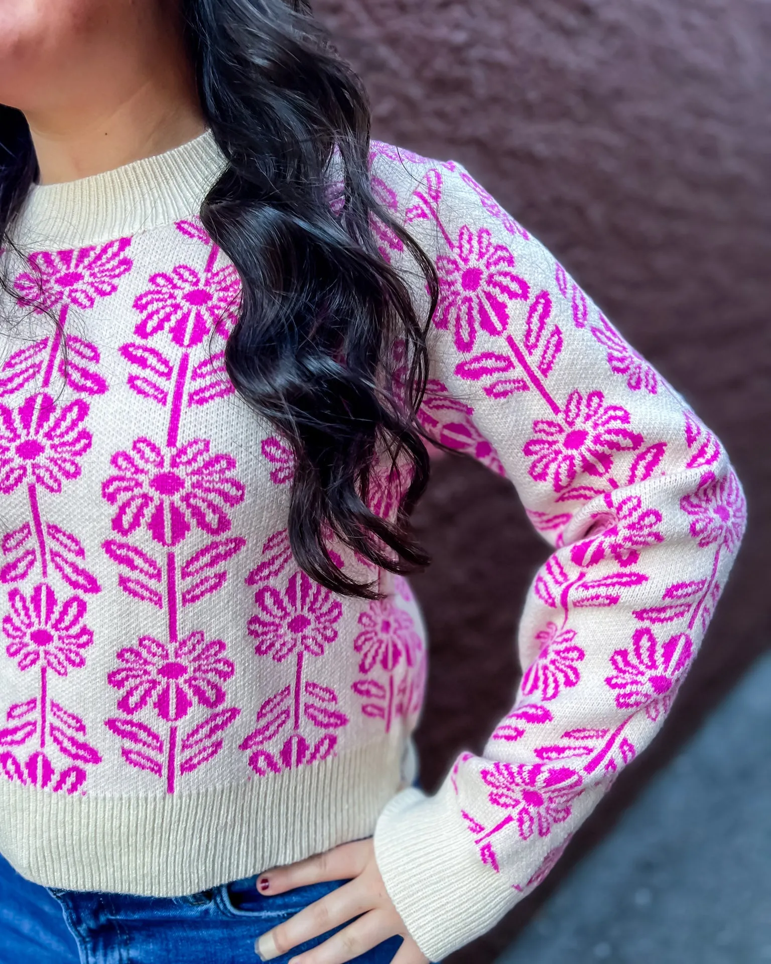 Electric Orchid Floral Pattern Sweater