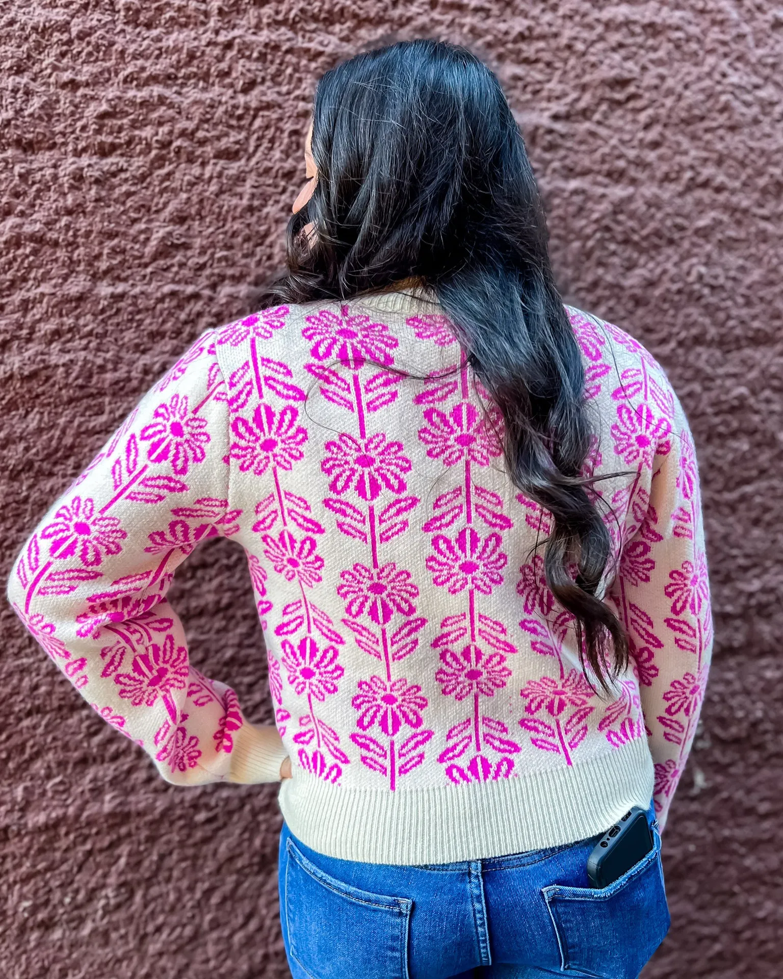 Electric Orchid Floral Pattern Sweater