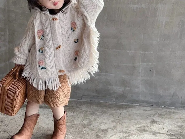 Floral Beige Tassel Knit Cardigan for Girls