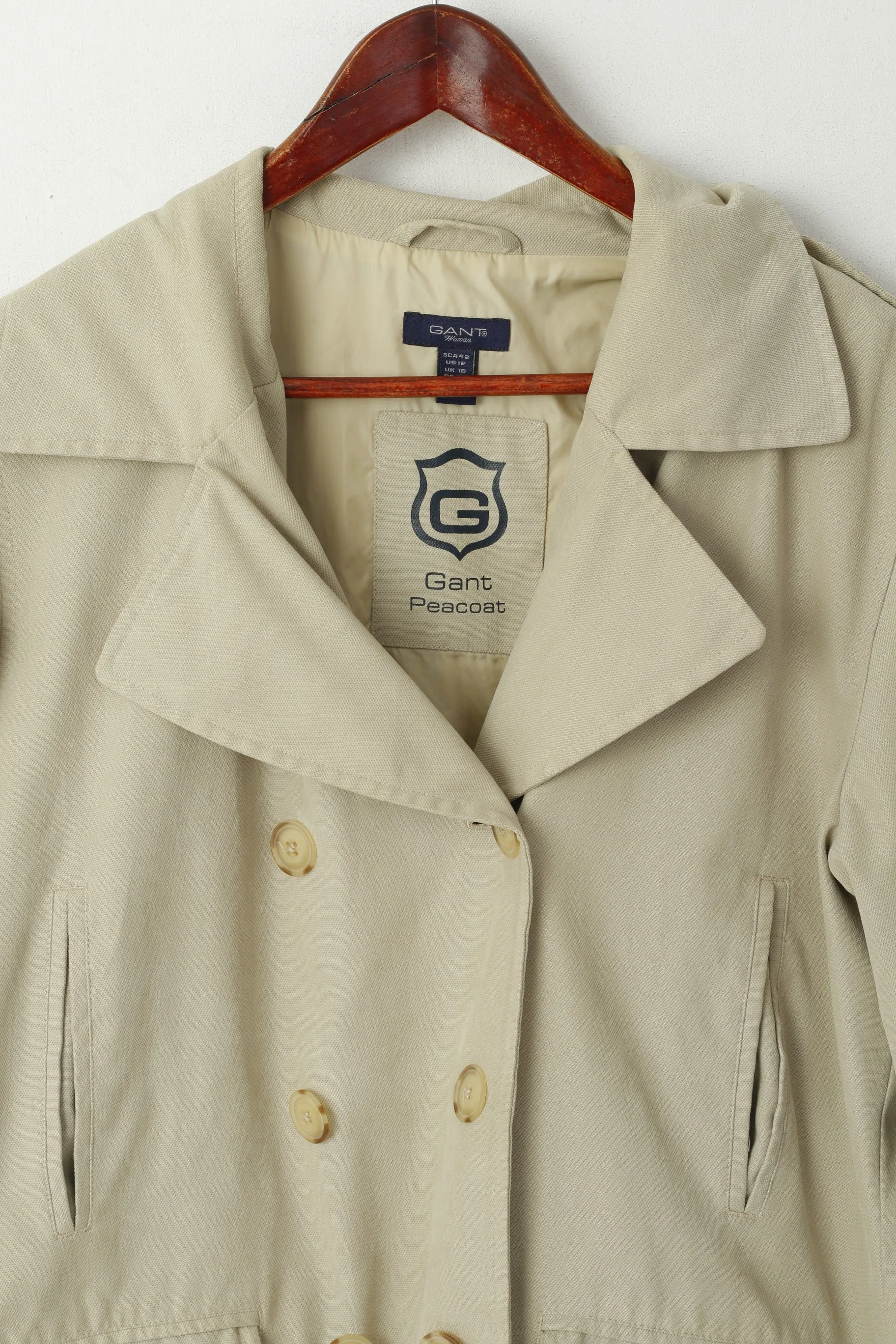 GANT Women 16 42 L Peacoat Beige Classic Double Breasted Plain Jacket Top