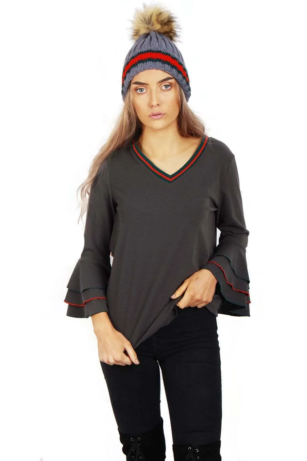 Green Red Stripe V Neck Knit Jumper with Ruffle Sleeves