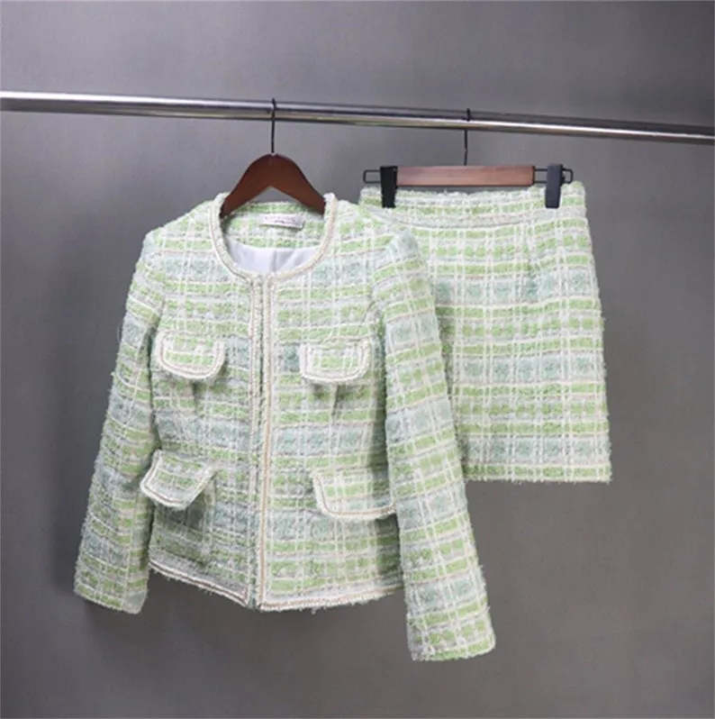 Green Tweed Jacket Coat Blazer with Chain Decor