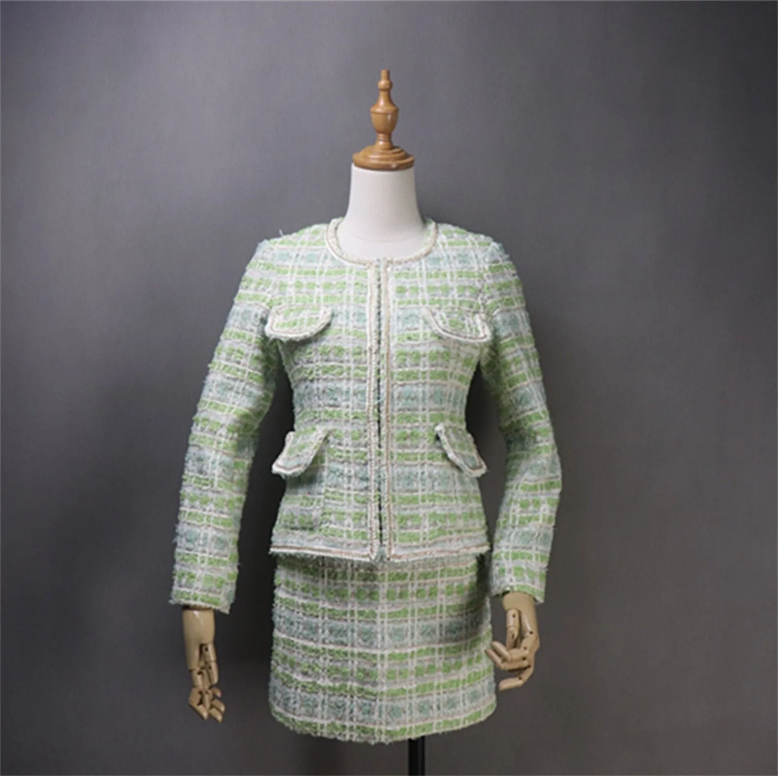 Green Tweed Jacket Coat Blazer with Chain Decor