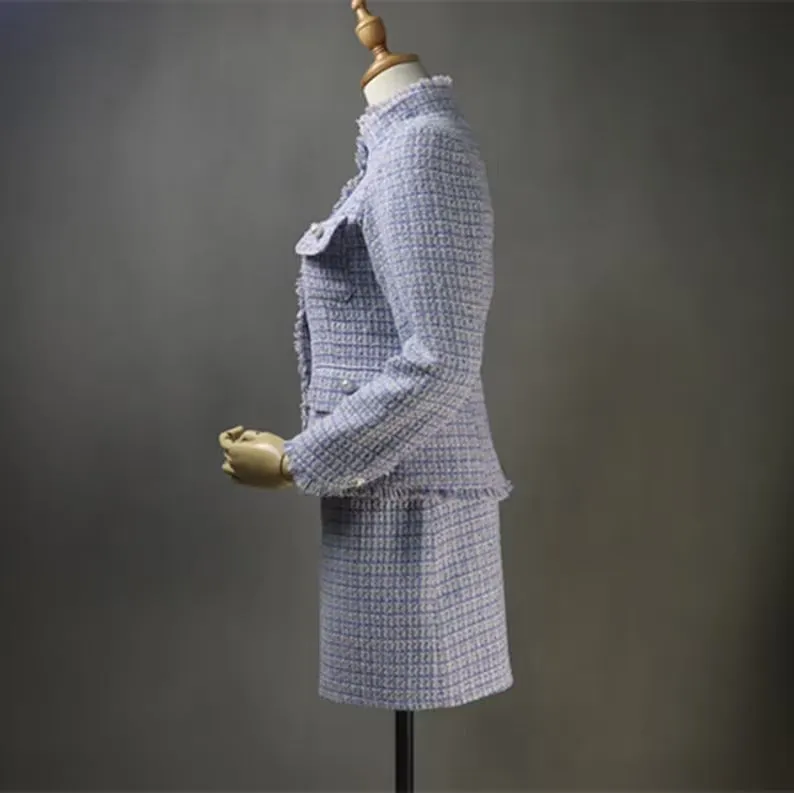 High Neck Pearl Buttons Blue Tweed Suit For Women