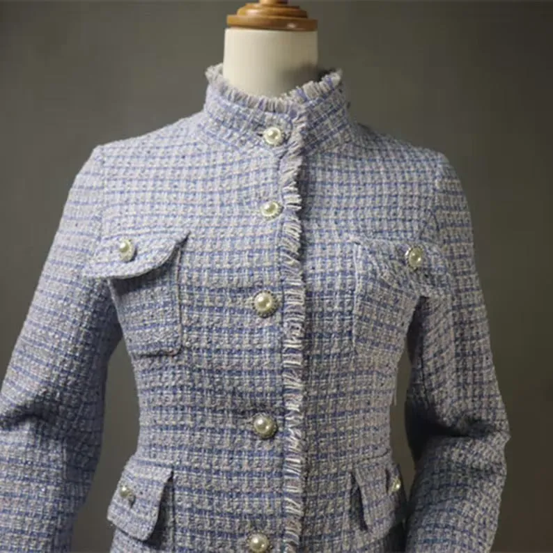 High Neck Pearl Buttons Blue Tweed Suit For Women