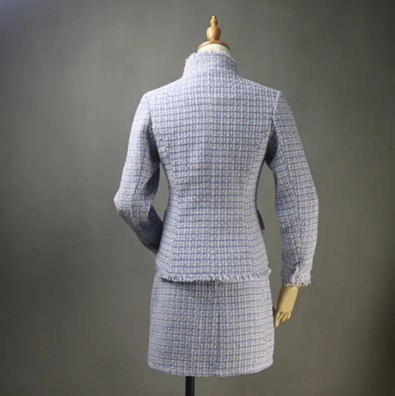 High Neck Pearl Buttons Blue Tweed Suit For Women