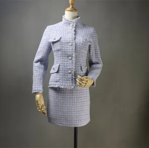 High Neck Pearl Buttons Blue Tweed Suit For Women