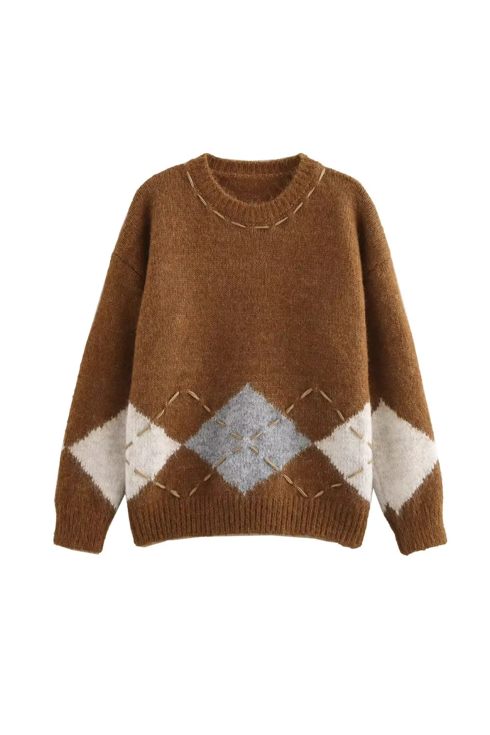 'Iris' Diamond-Knit Round-Neck Long-Sleeve Sweater