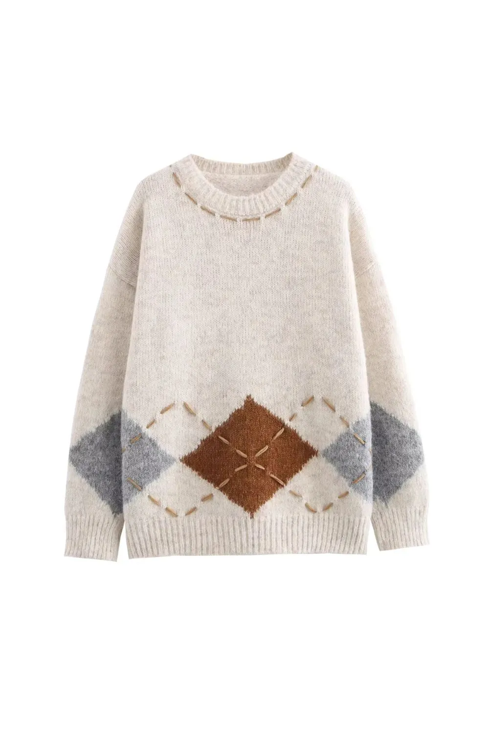 'Iris' Diamond-Knit Round-Neck Long-Sleeve Sweater