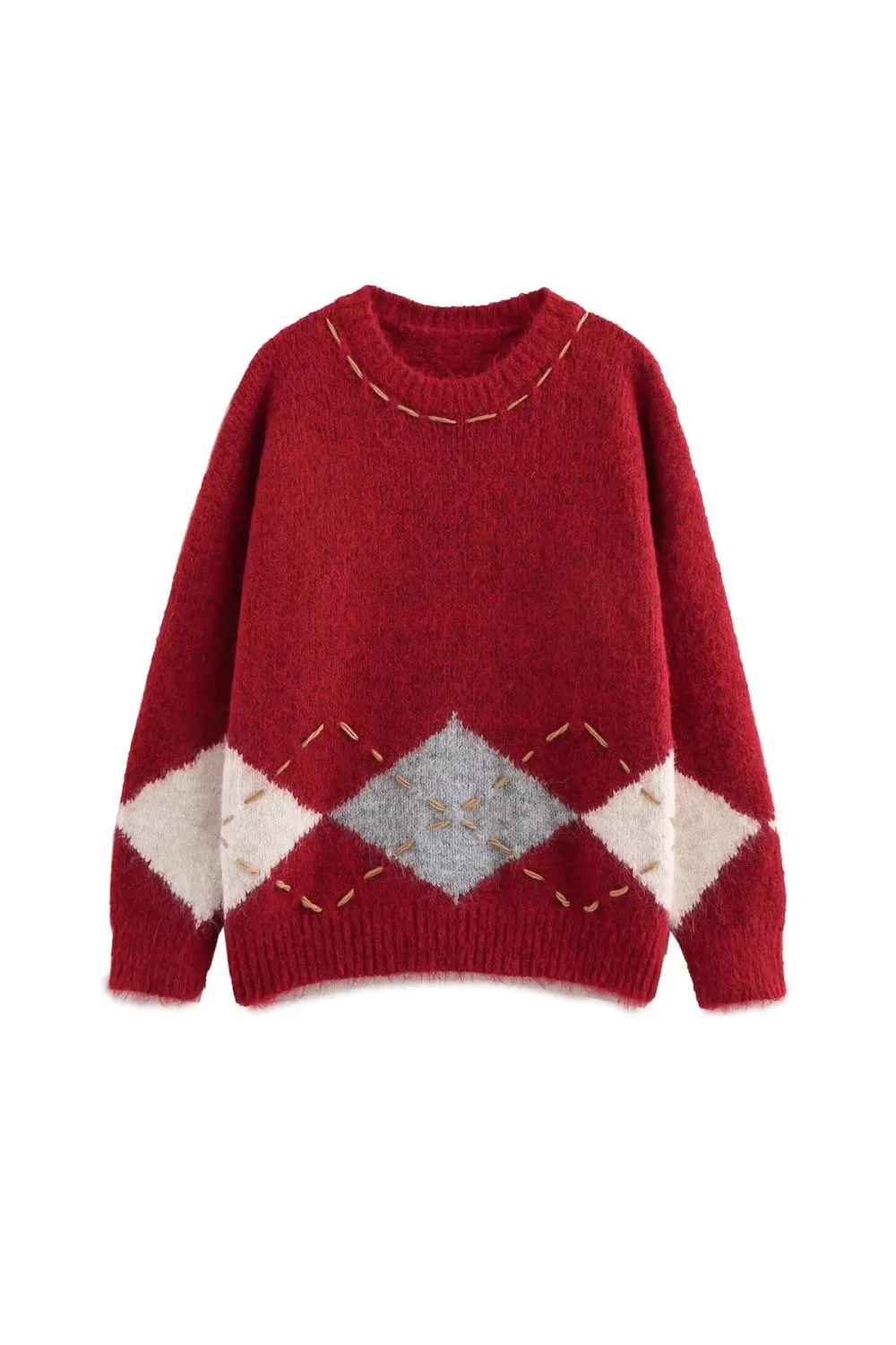 'Iris' Diamond-Knit Round-Neck Long-Sleeve Sweater