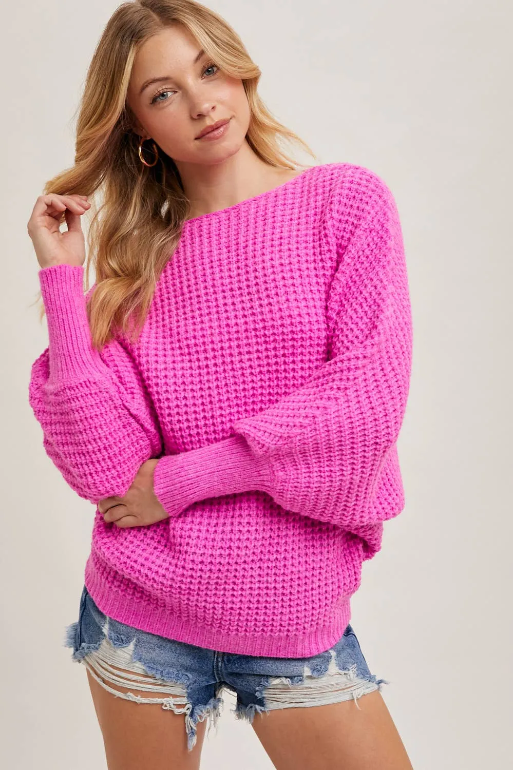 Latte Boatneck Waffle Sleeve Sweater