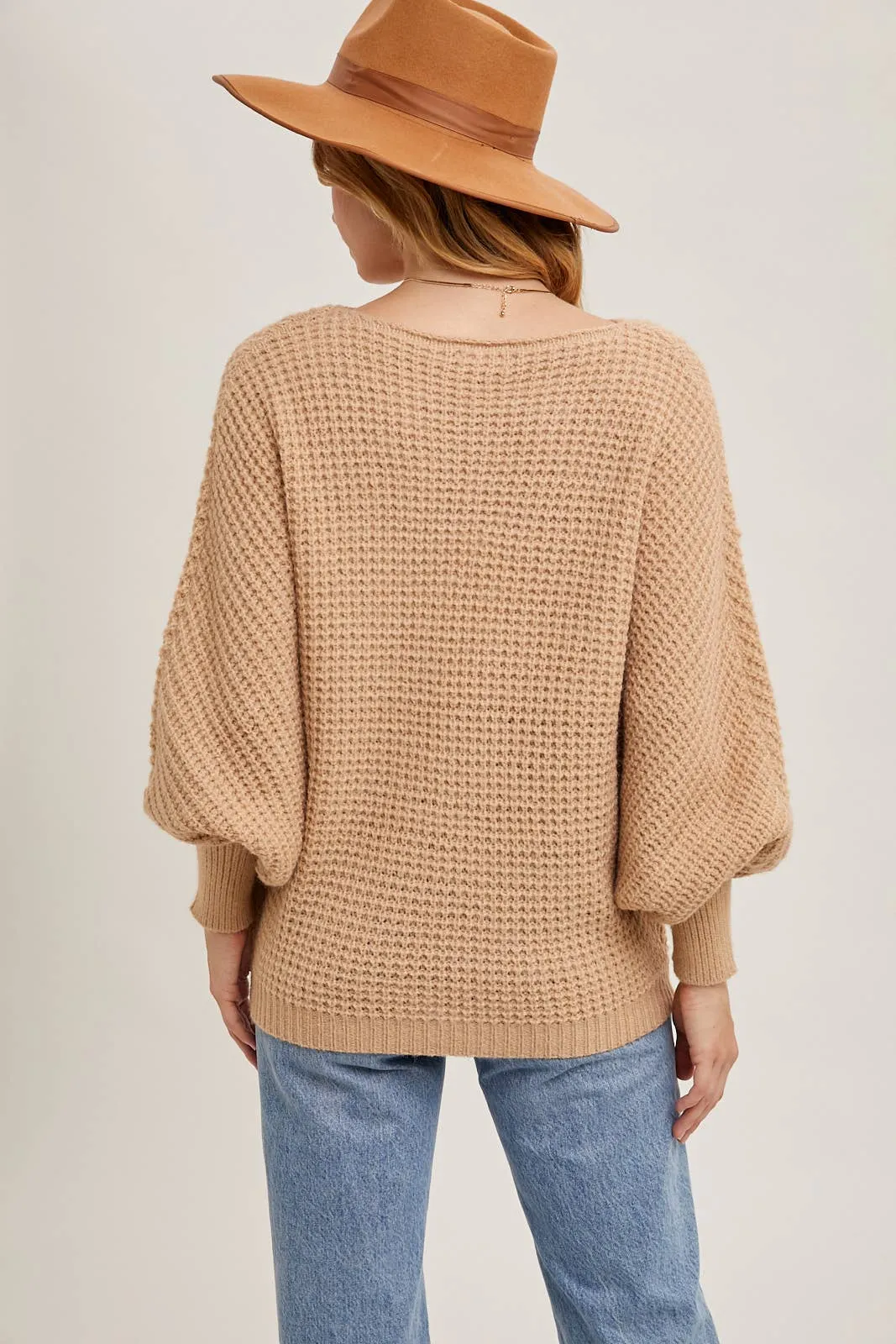 Latte Boatneck Waffle Sleeve Sweater