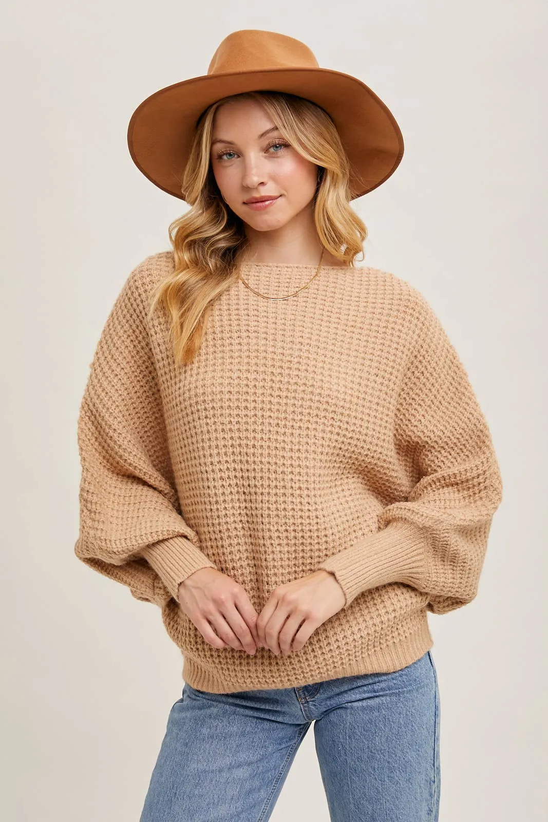 Latte Boatneck Waffle Sleeve Sweater