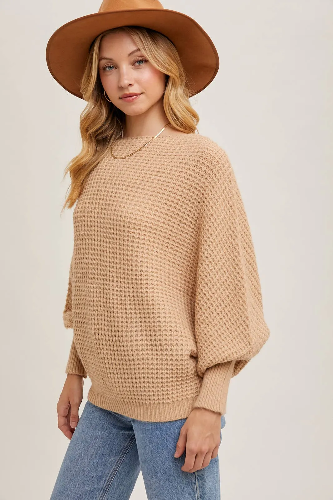 Latte Boatneck Waffle Sleeve Sweater