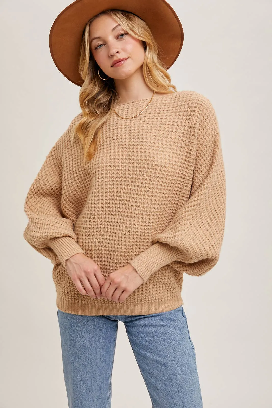 Latte Boatneck Waffle Sleeve Sweater