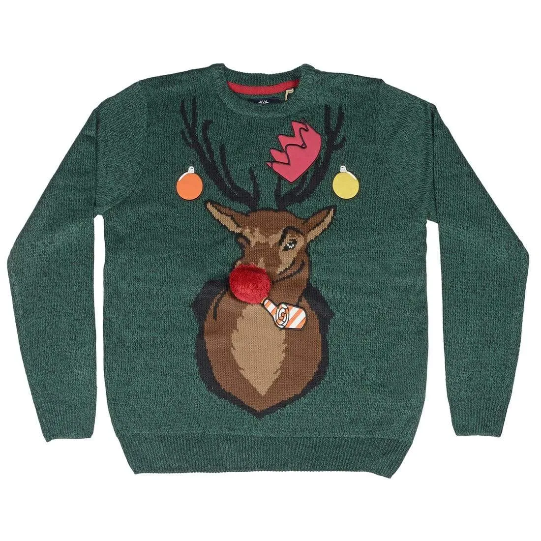 Mens Christmas Jumper Rudolph Stag Head Green Black Fun