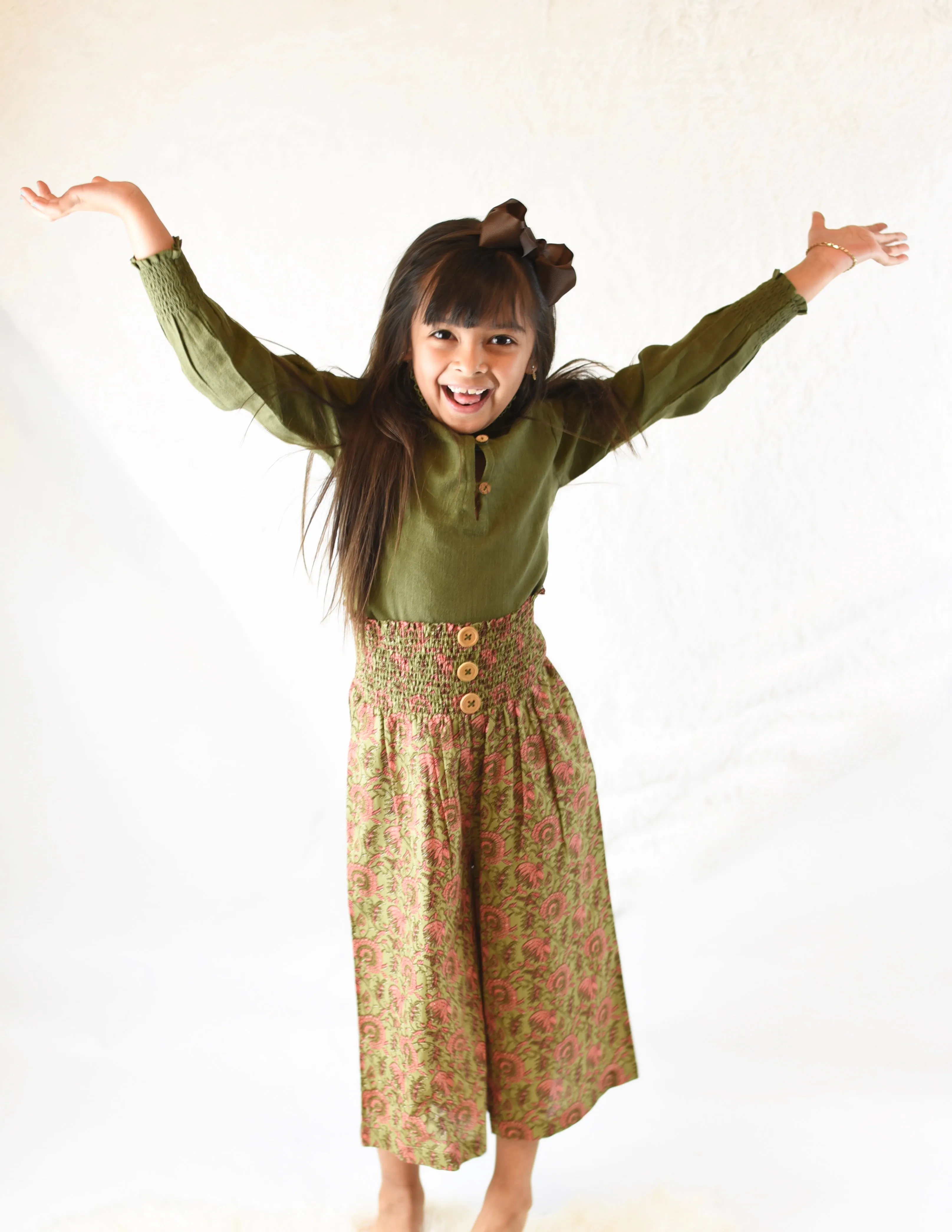 Olive Shirt with Floral Smocked High-Waisted Pants 2 pc. Set