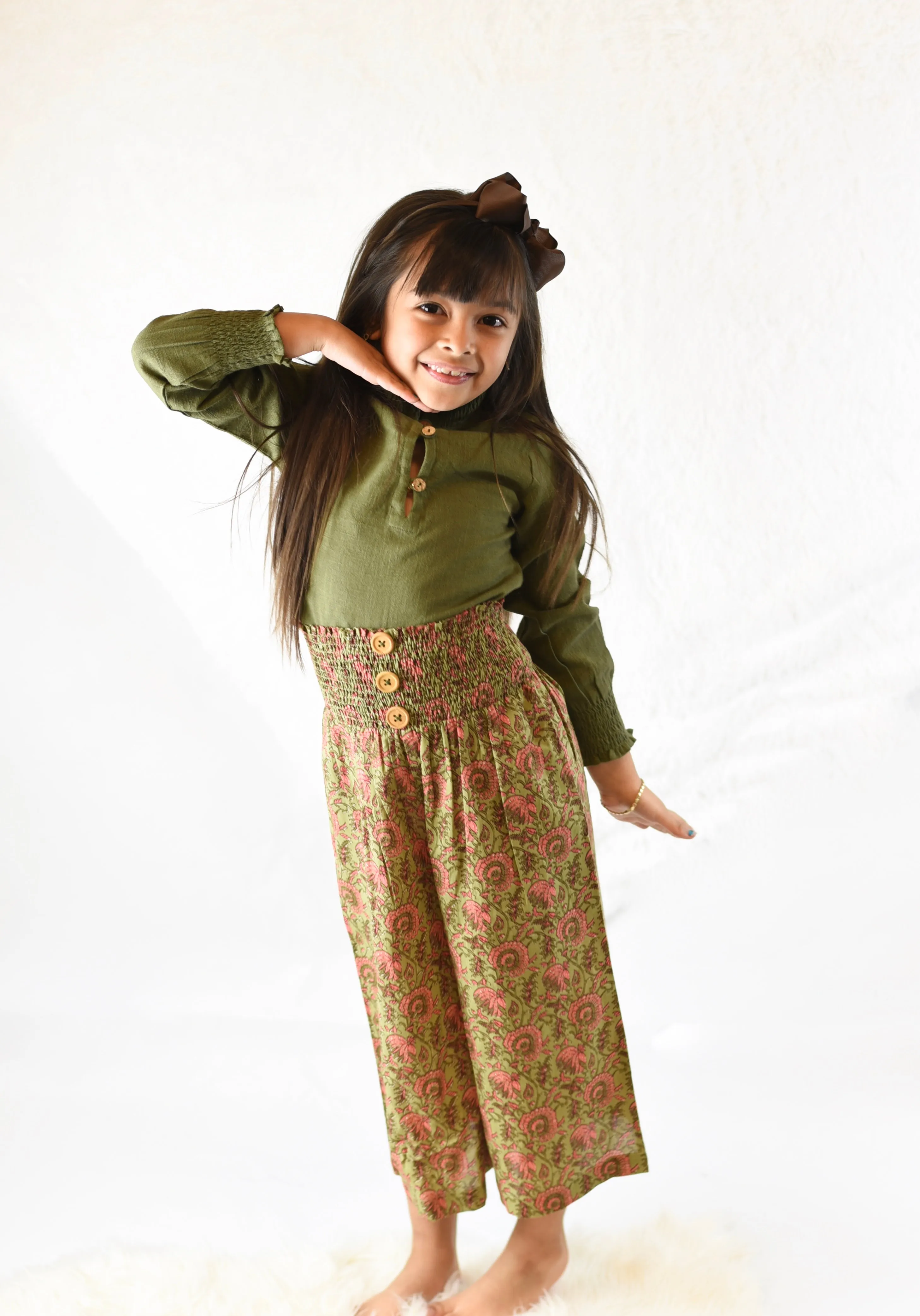 Olive Shirt with Floral Smocked High-Waisted Pants 2 pc. Set