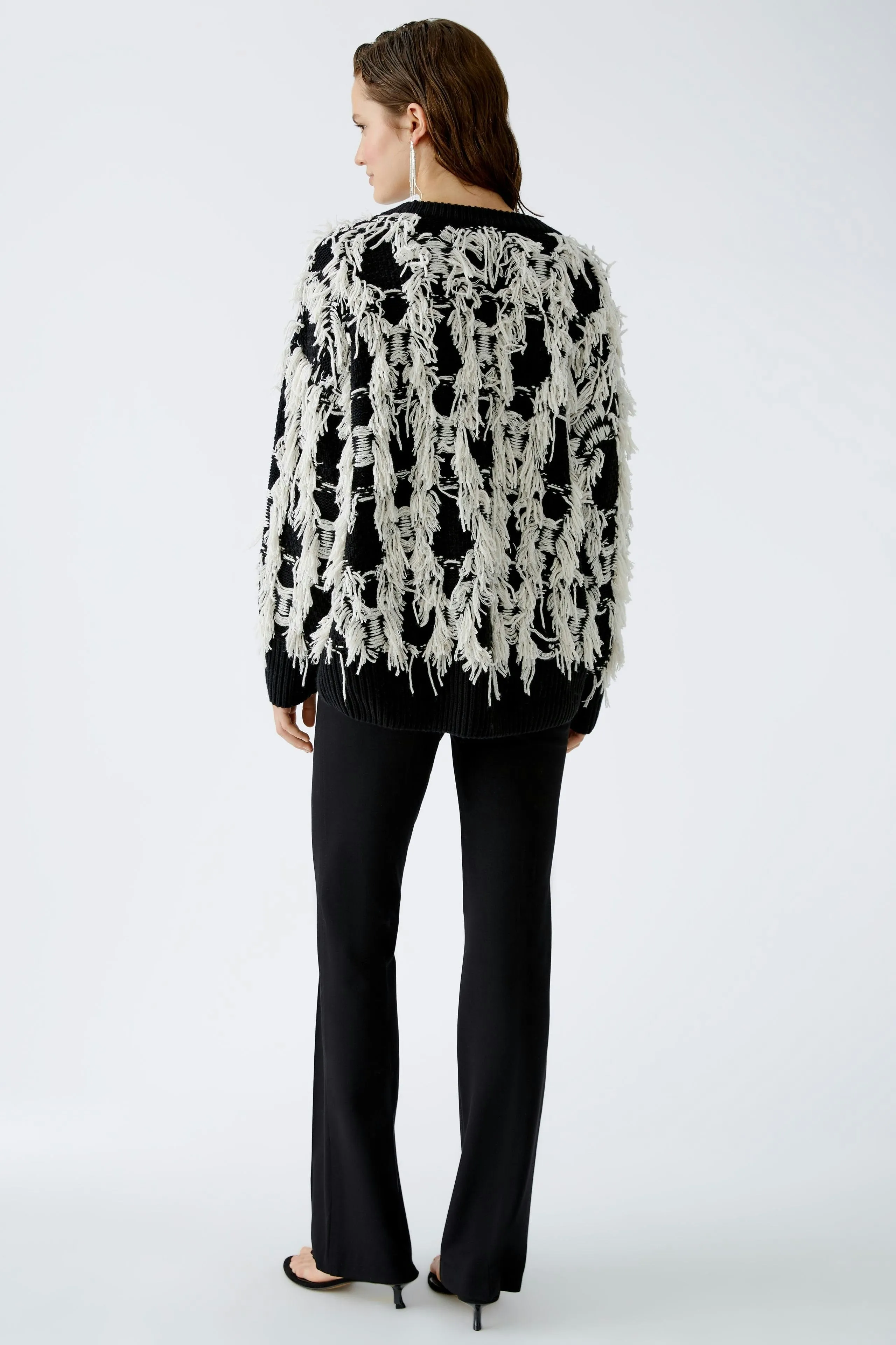 OUI Black & White Pullover With Fringes