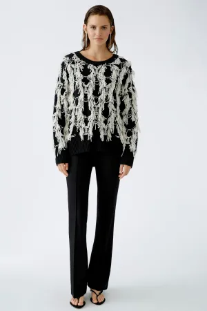 OUI Black & White Pullover With Fringes