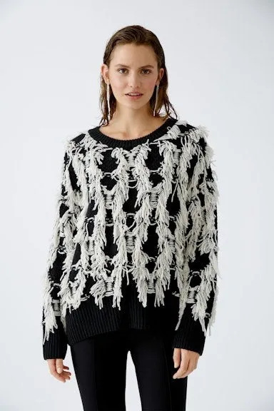 OUI Black & White Pullover With Fringes