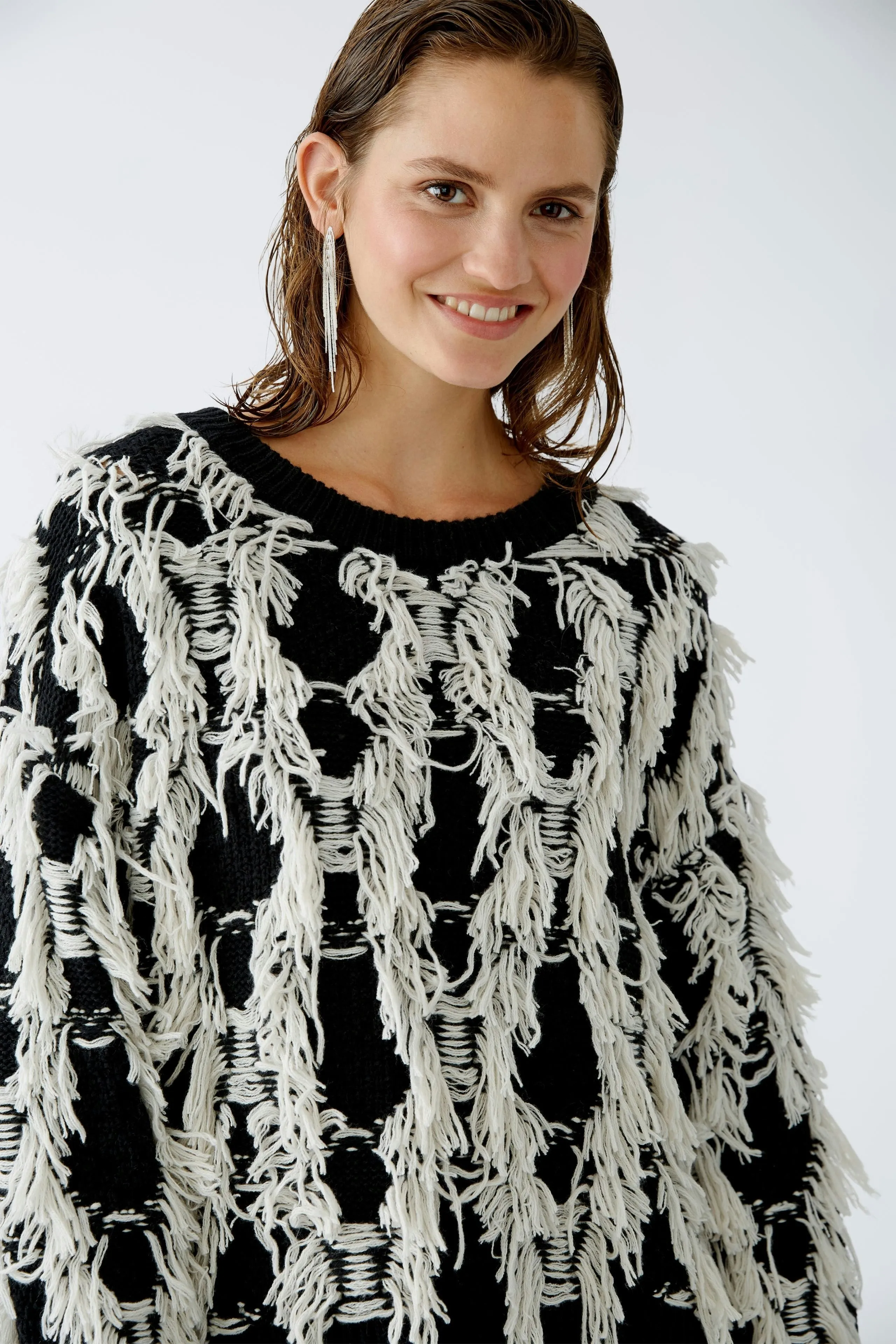 OUI Black & White Pullover With Fringes