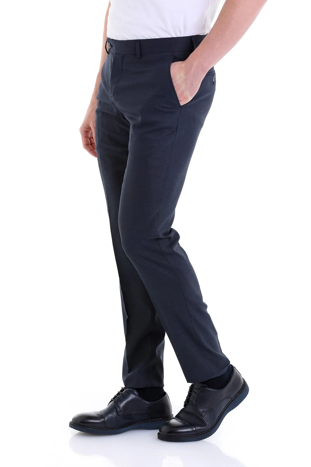 Regular Fit Side Pocket Low Waist Unpleated Wool Black Dress Pants, Navy