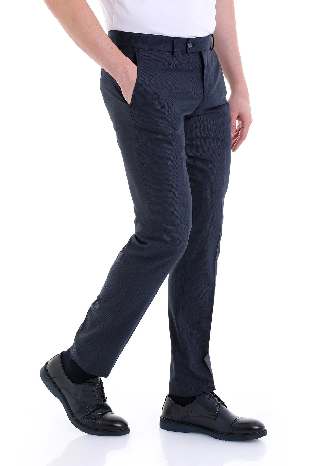 Regular Fit Side Pocket Low Waist Unpleated Wool Black Dress Pants, Navy