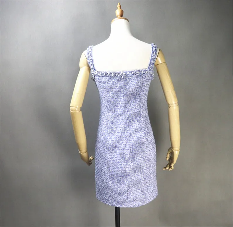 Sheath Custom Made Blue Tweed Mini/ Midi Dress