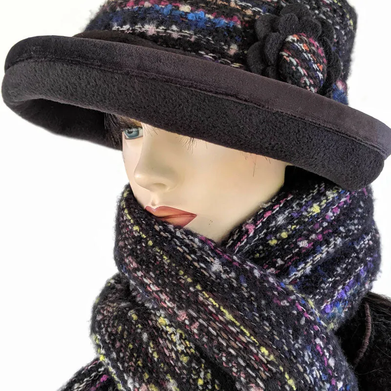 Soft knit woven scarf in black with multi colors