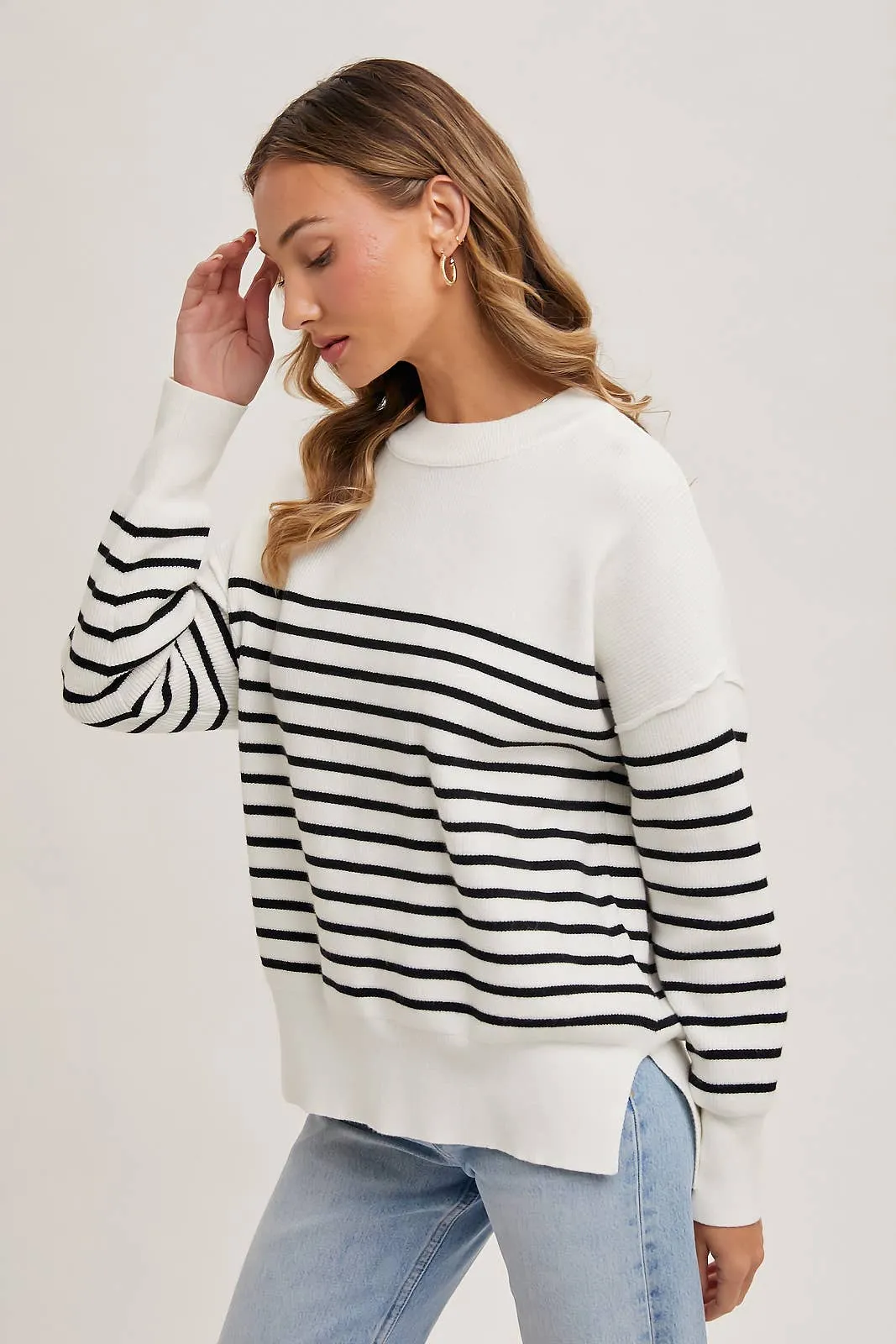 Striped Knit Side Slit Sweater