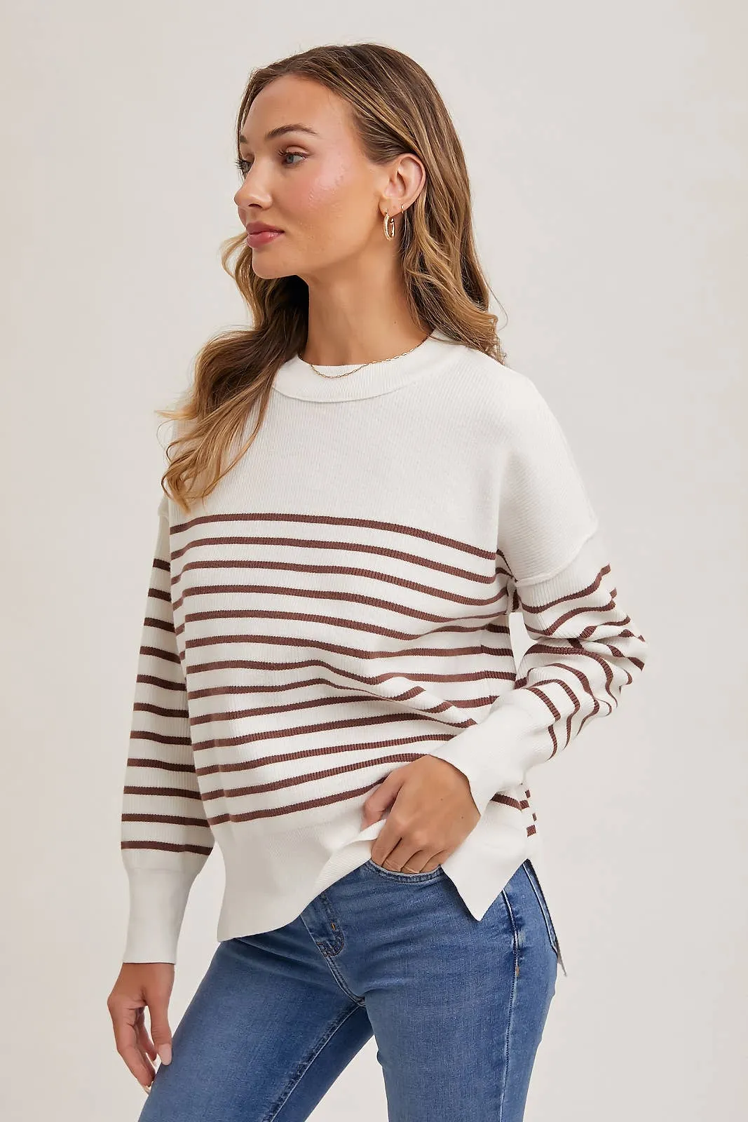 Striped Knit Side Slit Sweater