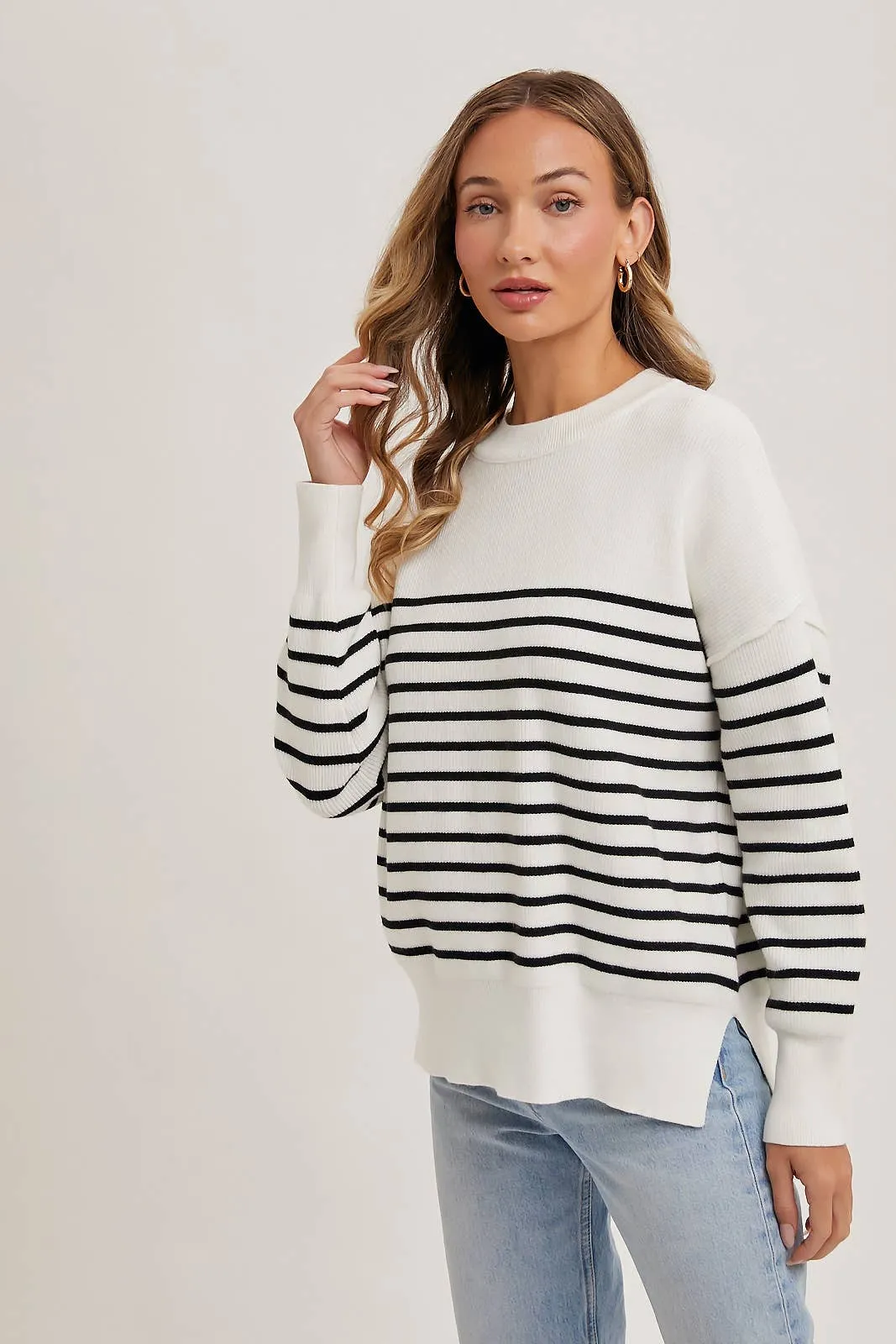 Striped Knit Side Slit Sweater